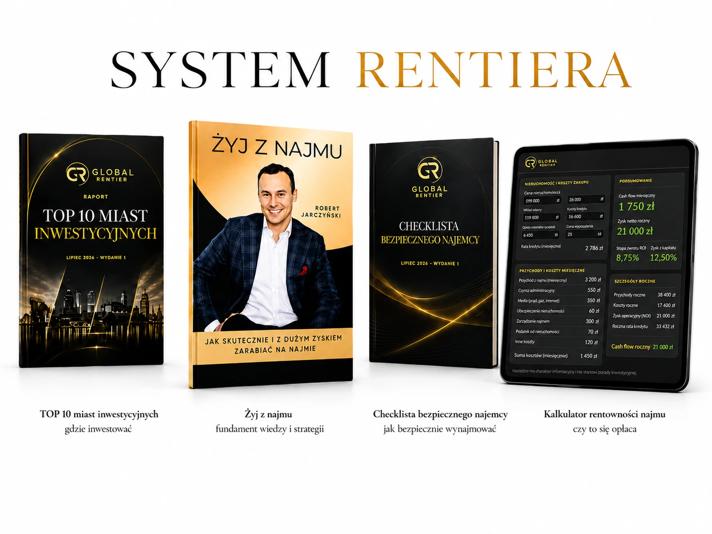 System Rentiera - Żyj z najmu (fundament), Raport TOP 10 miast inwestycyjnych, Checklista bezpiecznego najemcy i Kalkulator rentowności najmu